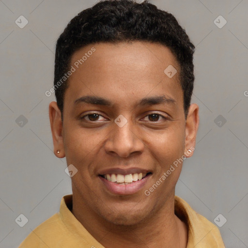 Joyful latino young-adult male with short  brown hair and brown eyes