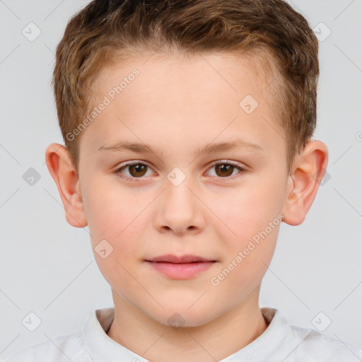 Joyful white child male with short  brown hair and brown eyes