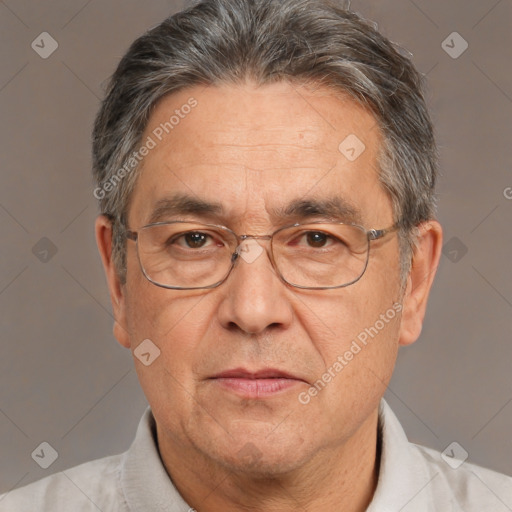 Neutral white middle-aged male with short  gray hair and brown eyes