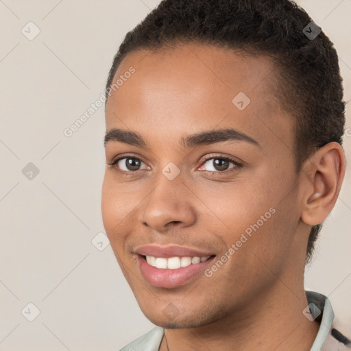 Joyful white young-adult female with short  brown hair and brown eyes