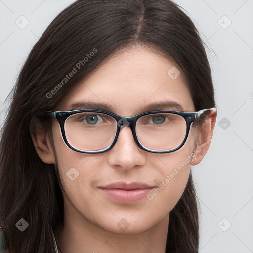 Neutral white young-adult female with long  brown hair and brown eyes