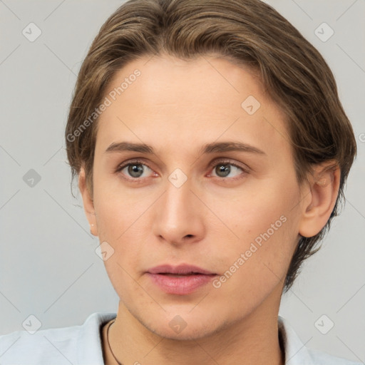 Neutral white young-adult female with short  brown hair and brown eyes