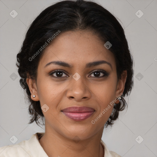 Joyful black young-adult female with medium  brown hair and brown eyes