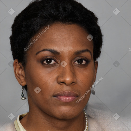 Neutral black young-adult female with short  black hair and brown eyes