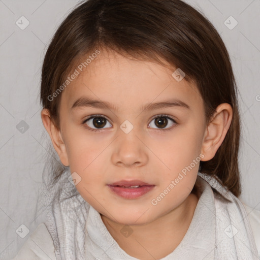 Joyful white child female with medium  brown hair and brown eyes