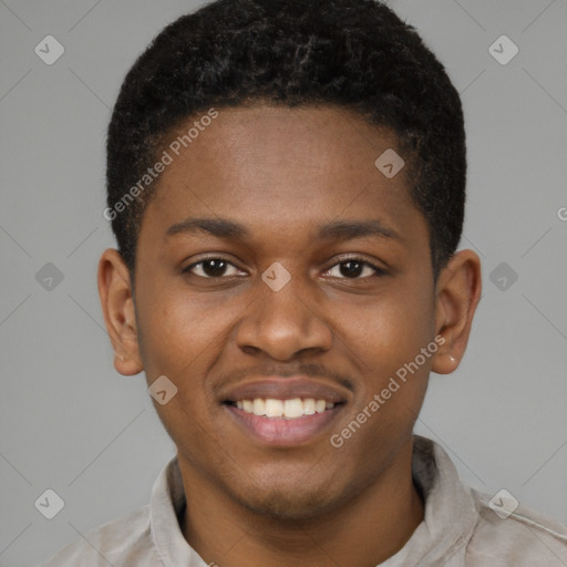 Joyful latino young-adult male with short  brown hair and brown eyes