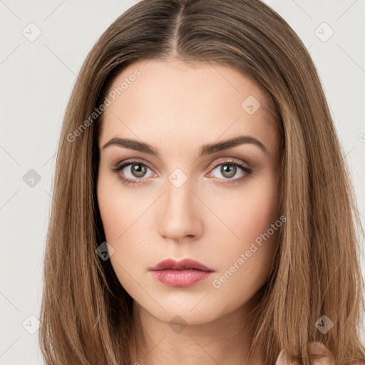 Neutral white young-adult female with long  brown hair and brown eyes