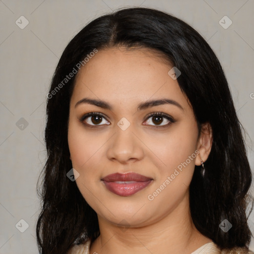 Joyful latino young-adult female with medium  black hair and brown eyes