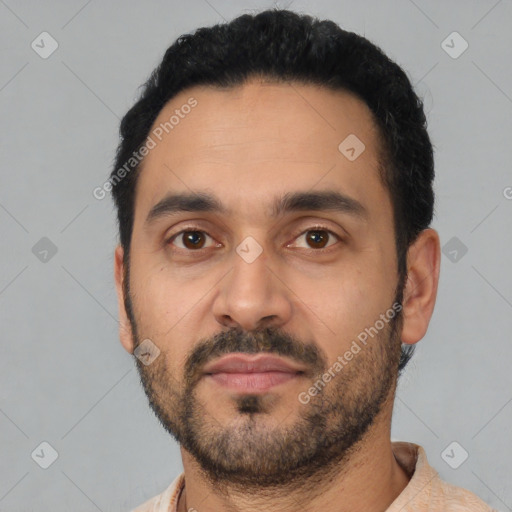 Neutral latino adult male with short  black hair and brown eyes