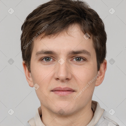 Neutral white young-adult male with short  brown hair and grey eyes