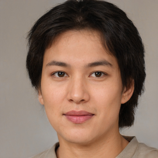 Neutral white young-adult female with medium  brown hair and brown eyes