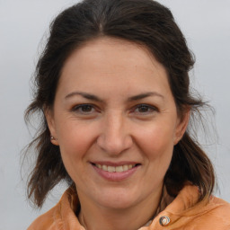 Joyful white adult female with medium  brown hair and brown eyes