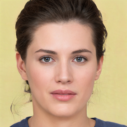 Neutral white young-adult female with short  brown hair and brown eyes