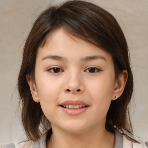 Joyful white child female with medium  brown hair and brown eyes