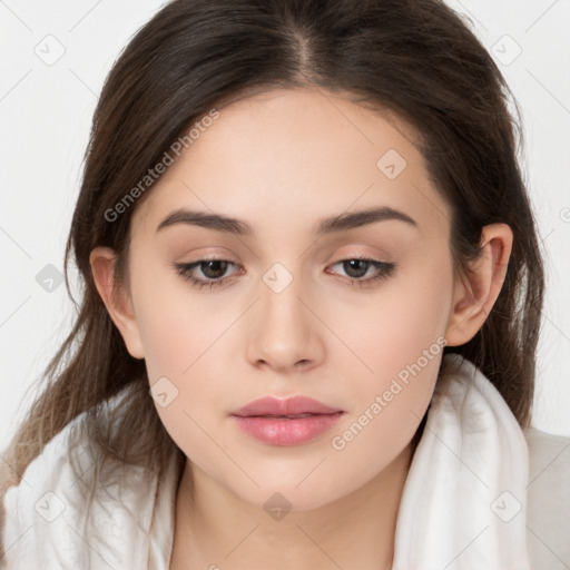 Neutral white young-adult female with long  brown hair and brown eyes