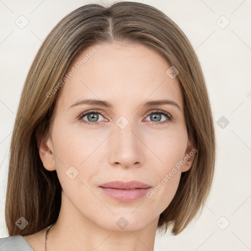 Neutral white young-adult female with medium  brown hair and grey eyes