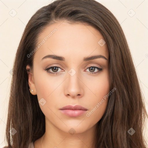 Neutral white young-adult female with long  brown hair and brown eyes