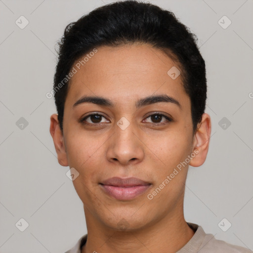 Joyful latino young-adult female with short  brown hair and brown eyes