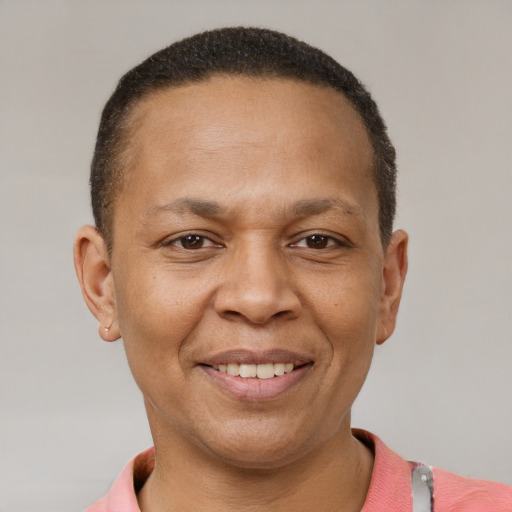 Joyful black adult male with short  brown hair and brown eyes