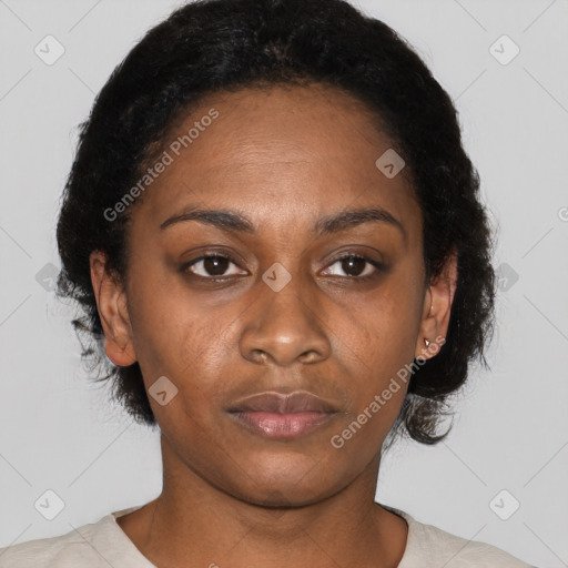 Neutral black young-adult female with short  black hair and brown eyes