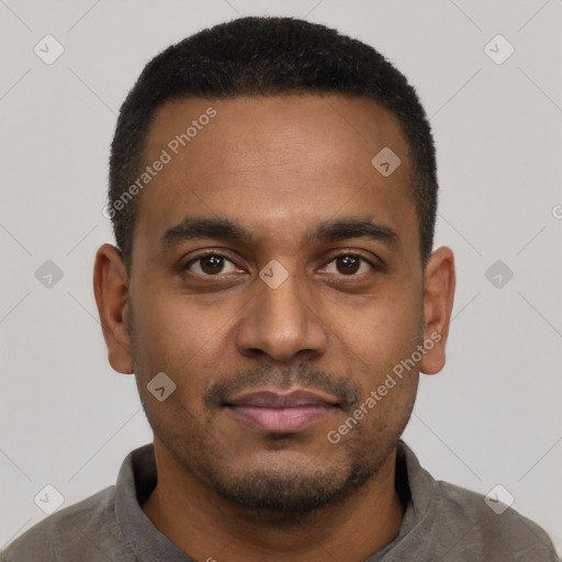 Neutral latino young-adult male with short  black hair and brown eyes
