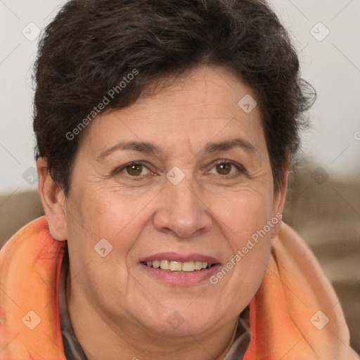 Joyful white adult female with short  brown hair and brown eyes