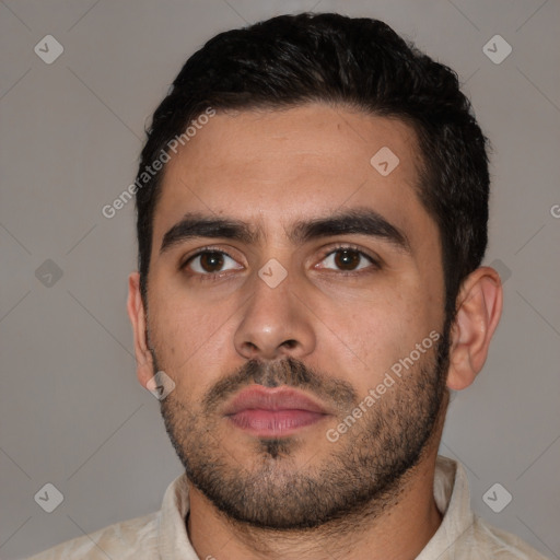 Neutral latino young-adult male with short  black hair and brown eyes