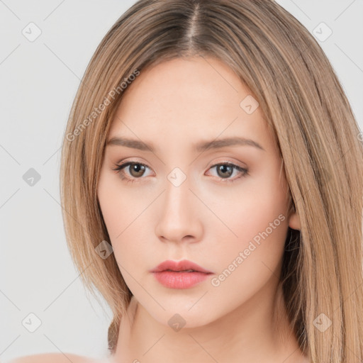 Neutral white young-adult female with long  brown hair and brown eyes