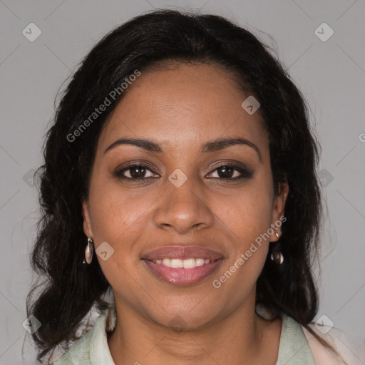 Joyful black young-adult female with medium  brown hair and brown eyes