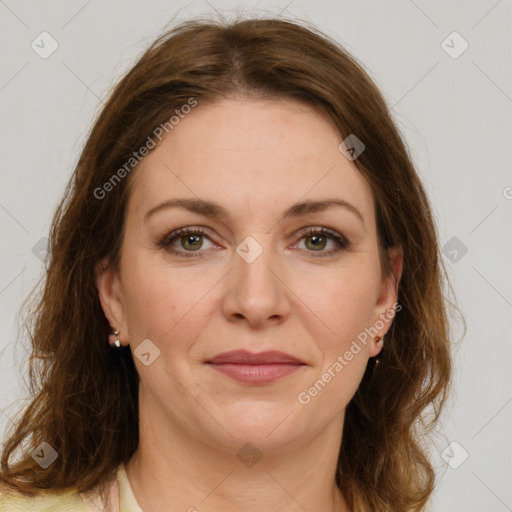 Joyful white young-adult female with medium  brown hair and green eyes