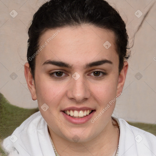 Joyful white young-adult female with short  brown hair and brown eyes