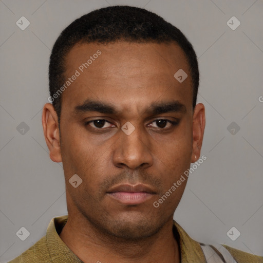 Neutral latino young-adult male with short  black hair and brown eyes