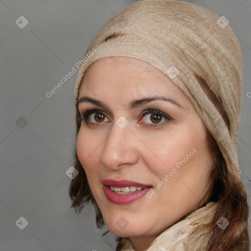 Joyful white adult female with medium  brown hair and brown eyes