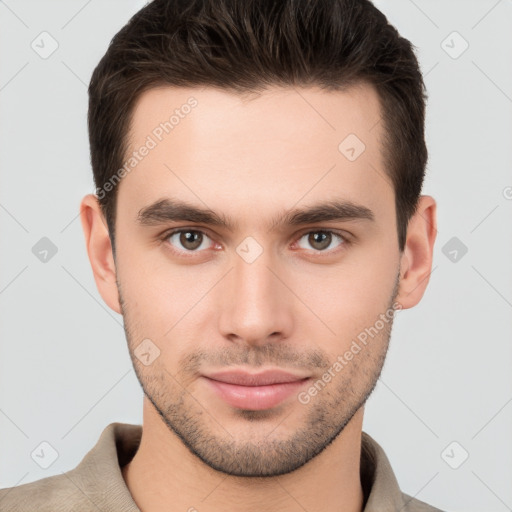 Neutral white young-adult male with short  brown hair and brown eyes