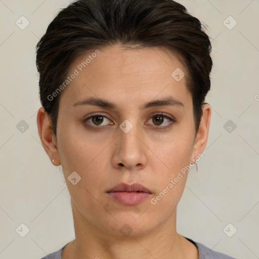 Neutral white young-adult female with short  brown hair and brown eyes