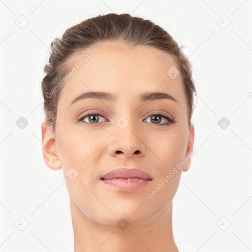 Neutral white young-adult female with short  brown hair and brown eyes