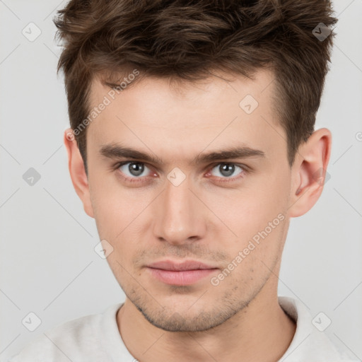 Neutral white young-adult male with short  brown hair and brown eyes