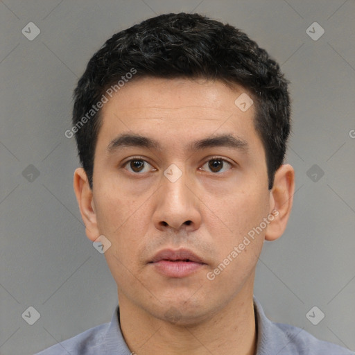 Neutral white young-adult male with short  black hair and brown eyes