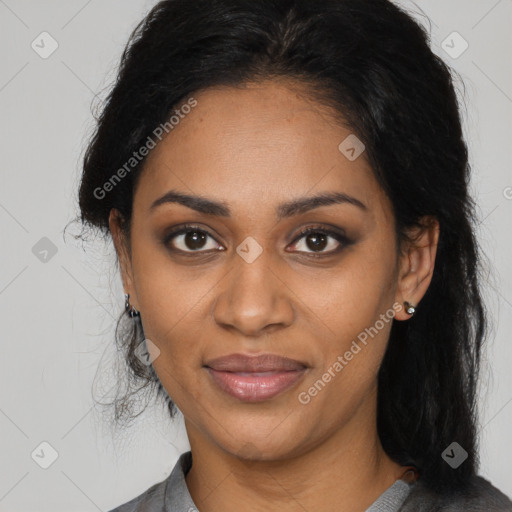 Joyful black young-adult female with medium  black hair and brown eyes