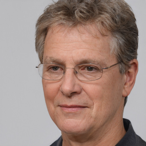 Joyful white middle-aged male with short  brown hair and brown eyes