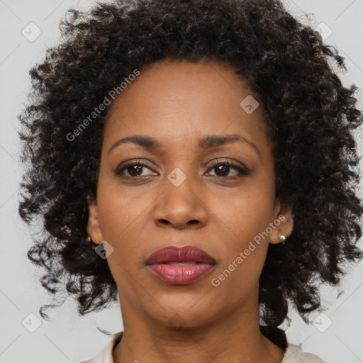 Joyful black adult female with medium  brown hair and brown eyes