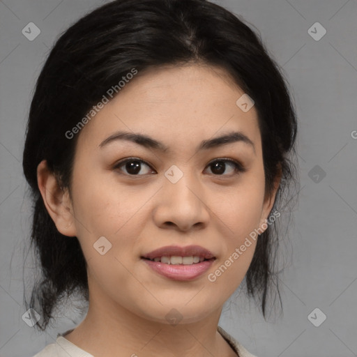 Joyful asian young-adult female with medium  black hair and brown eyes