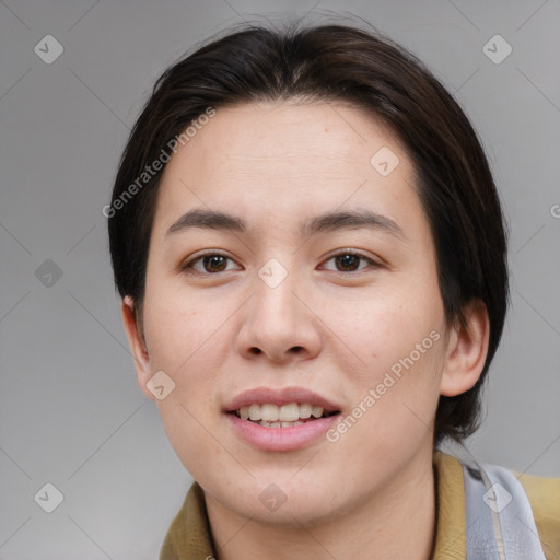 Joyful asian young-adult female with medium  brown hair and brown eyes