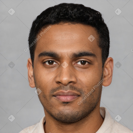 Neutral latino young-adult male with short  black hair and brown eyes