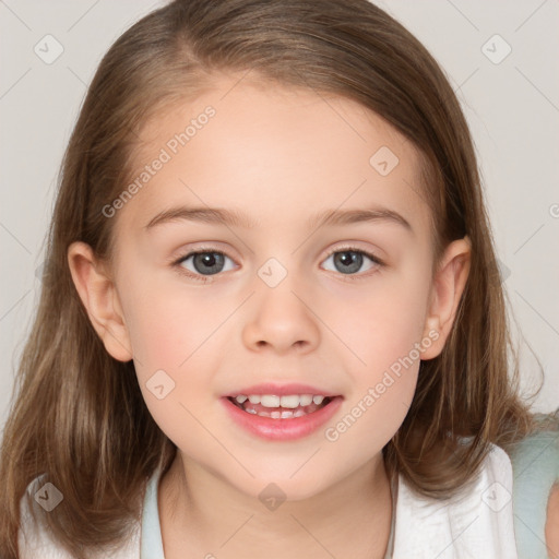 Joyful white child female with medium  brown hair and brown eyes