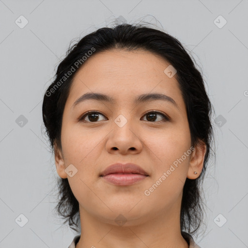 Neutral asian young-adult female with medium  brown hair and brown eyes