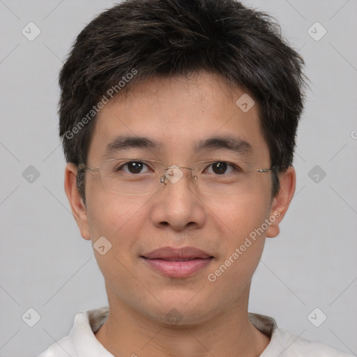 Joyful asian young-adult male with short  brown hair and brown eyes