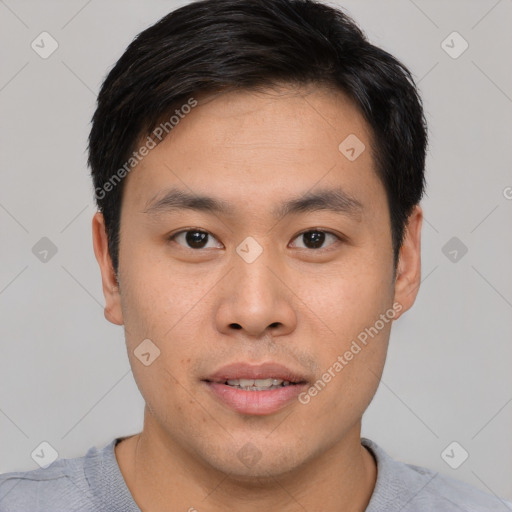 Neutral asian young-adult male with short  brown hair and brown eyes