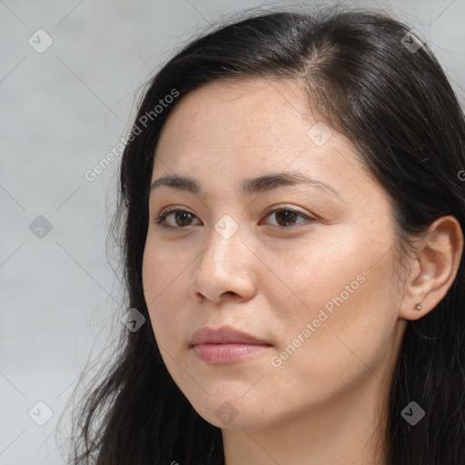 Neutral white young-adult female with long  brown hair and brown eyes