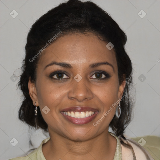 Joyful black young-adult female with medium  brown hair and brown eyes